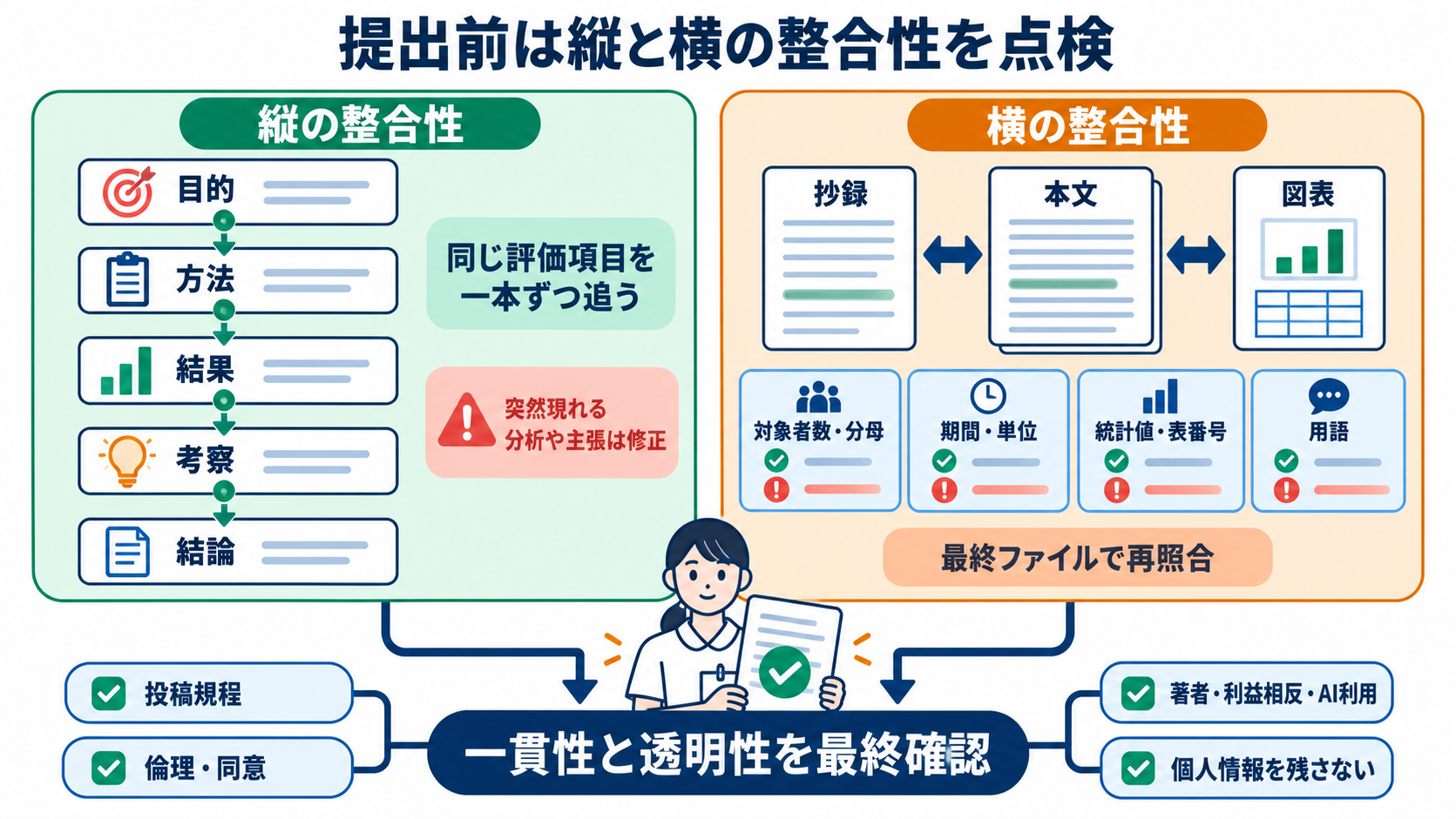 看護研究論文の書き方｜研究疑問からIMRAD・倫理・提出前チェックまで：提出前は縦の整合性と横の整合性を点検するの図解