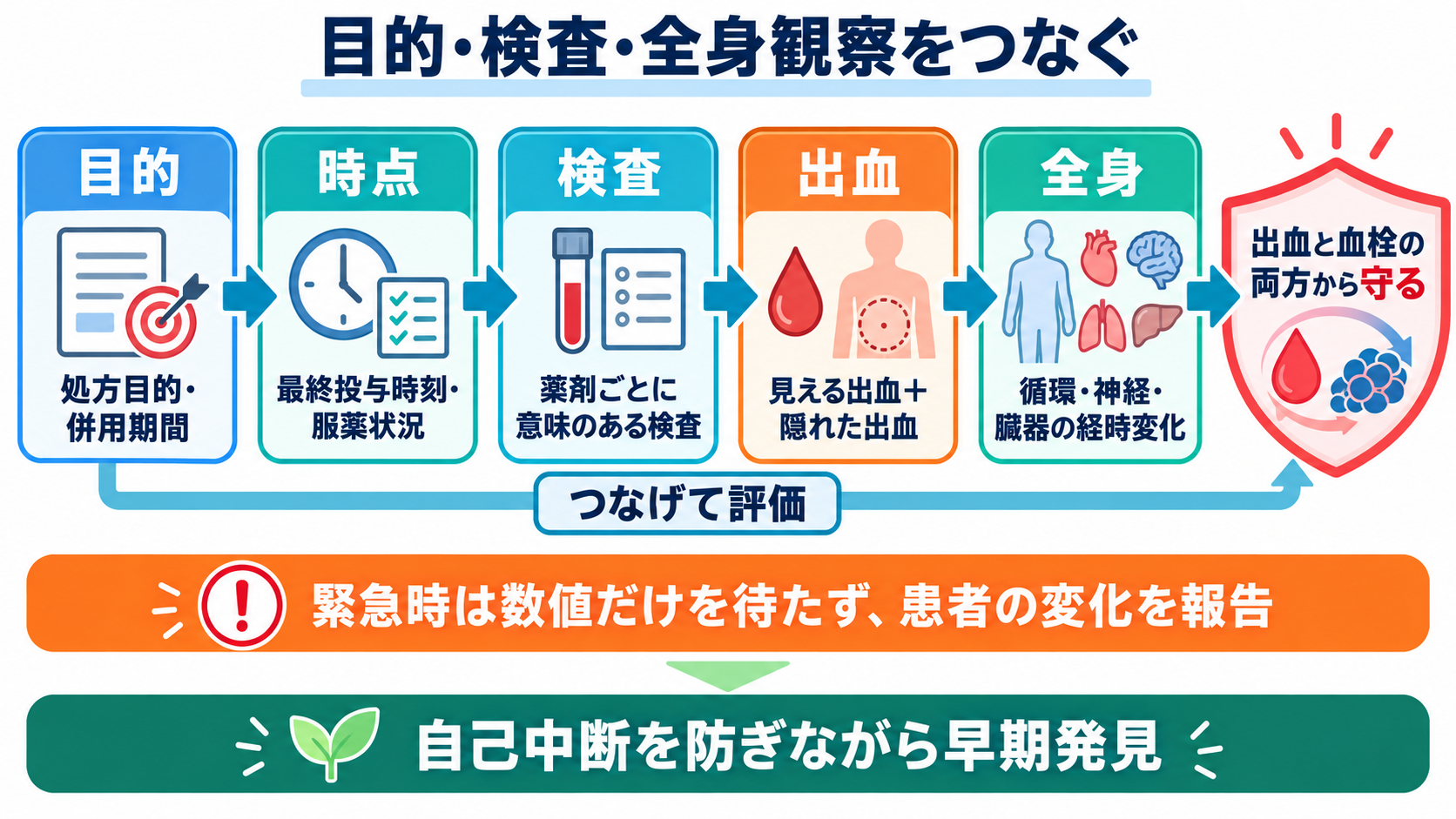 抗凝固薬と抗血小板薬の違いは？看護師が押さえる選び方と出血観察：まとめ：薬の目的、薬ごとの検査、出血の全身影響を一つの流れで捉えるの図解
