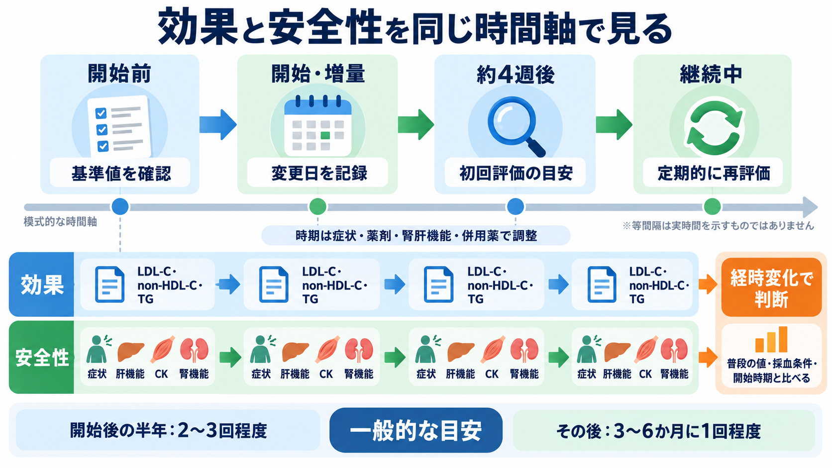 脂質異常症治療薬を整理する：作用・使い分け・副作用と看護観察：治療後は効果と安全性を同じ時間軸で再評価するの図解