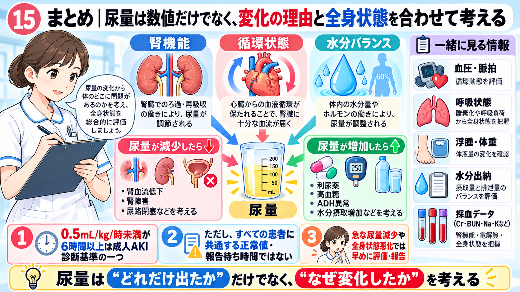 尿量の見かた｜なぜ確認する？正常の目安・尿量が減る原因・看護観察のポイント：まとめ｜尿量は数値だけでなく、変化の理由と全身状態を合わせて考えるの図解