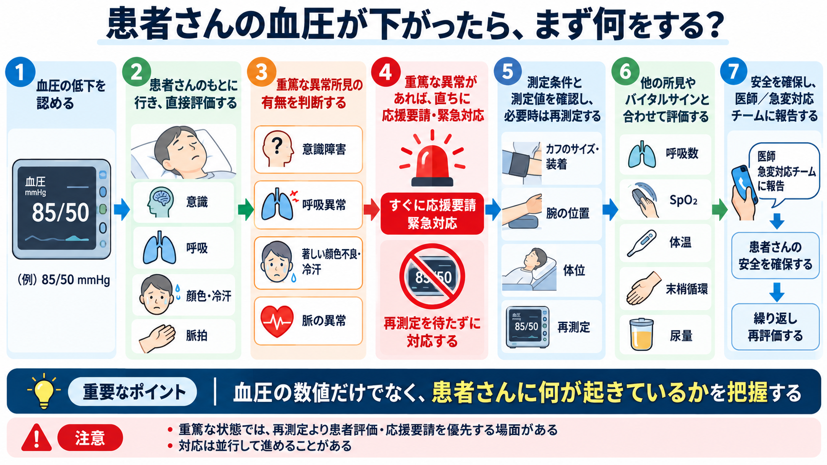 患者の血圧が下がったときの看護対応｜緊急性の判断・観察項目・医師への報告を解説：患者さんの血圧が下がったら、まず何をする？の図解