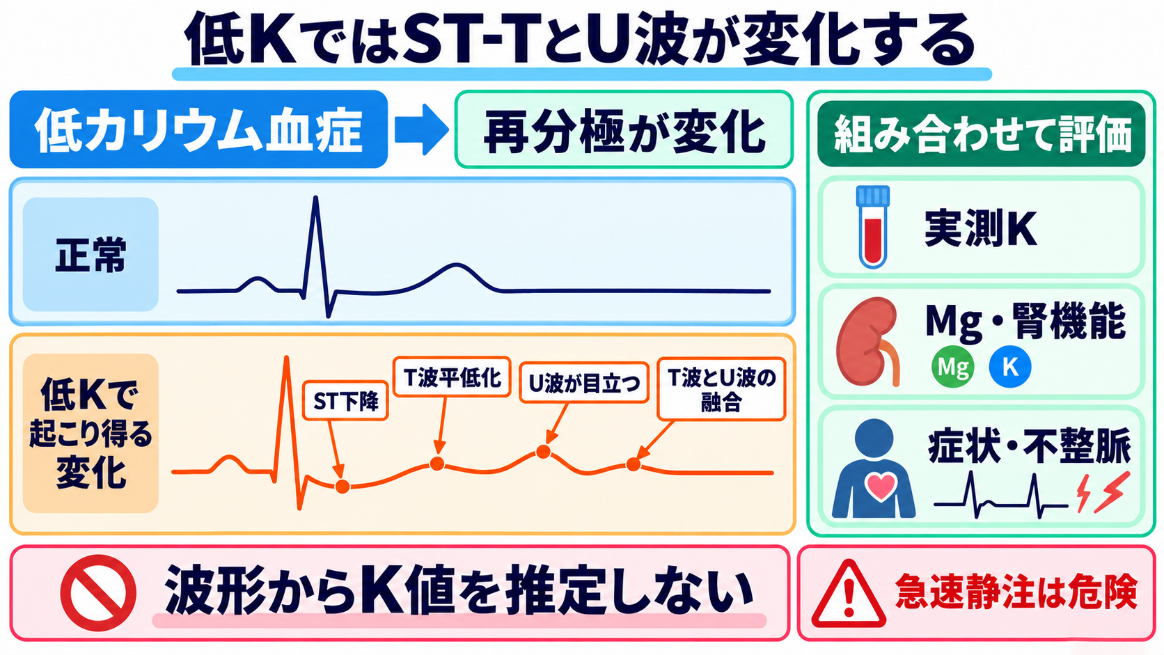 ST下降をどう読む？心筋虚血・心内膜下梗塞と二次性変化、薬剤・電解質異常の見分け方：低カリウム血症ではT波が小さくなり、ST下降とU波が目立つことがあるの図解