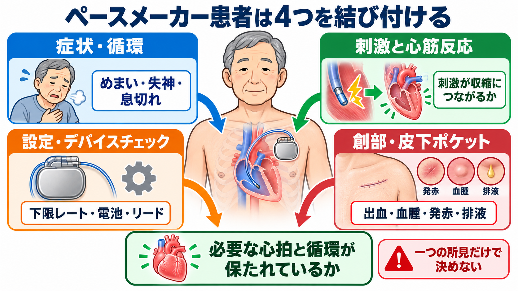 ペースメーカーとVADの違いとは？仕組み・適応・看護観察を循環の視点で整理：ペースメーカー患者では、症状・心電図・設定・創部を結び付けるの図解