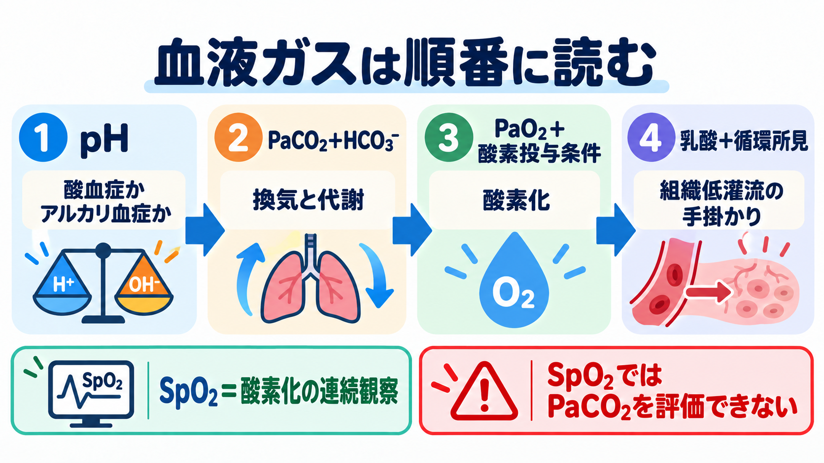 看護で使える検査値の読み方大全―血算・電解質から血液ガス、培養、画像検査まで：血液ガスはpHから入り、換気、代謝、酸素化、循環の順に読むの図解