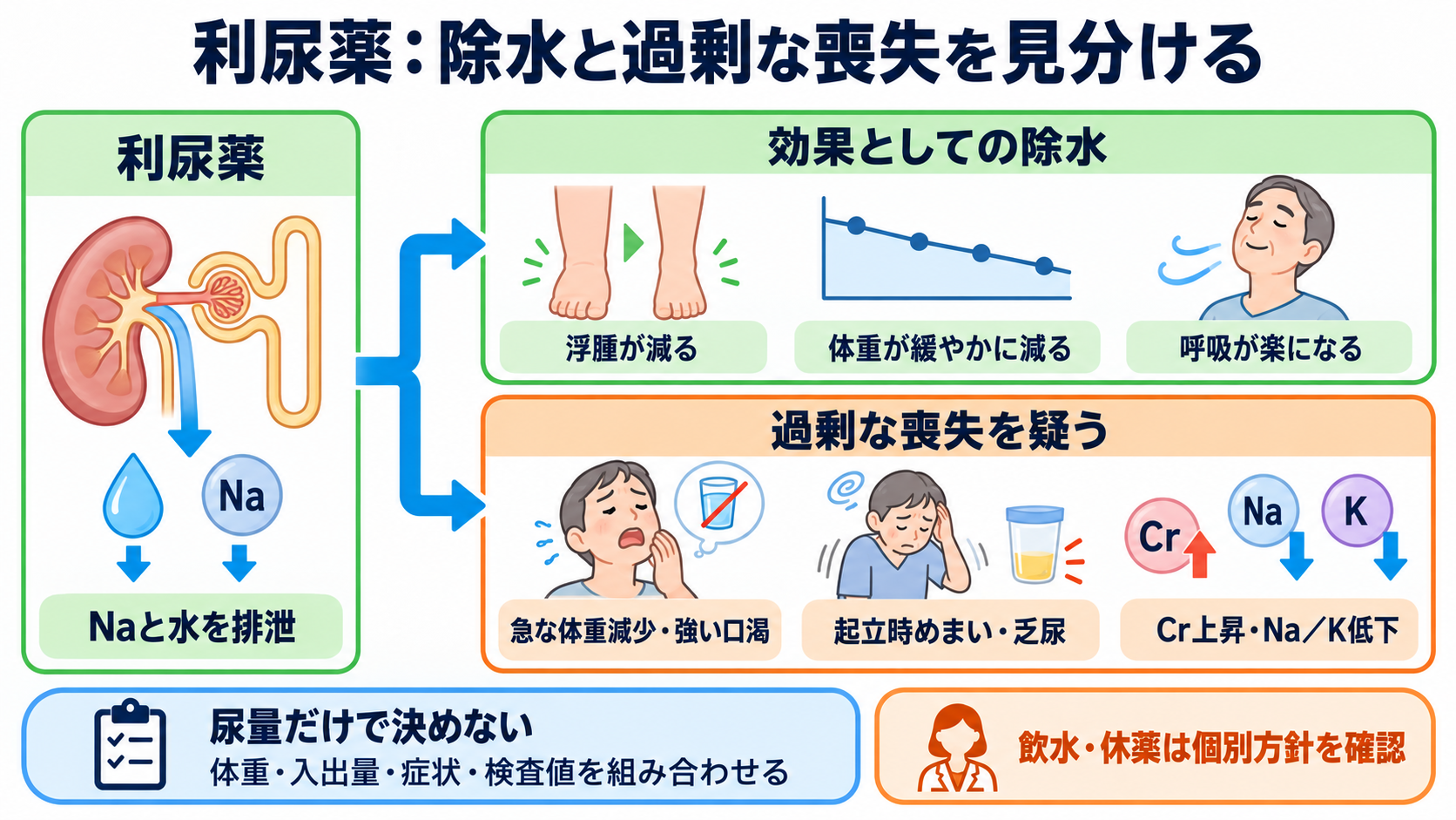 降圧剤の種類と観察ポイント｜作用・副作用・服薬指導を新人看護師向けに整理：利尿薬では「効果としての除水」と「過剰な体液・電解質喪失」を見分けるの図解