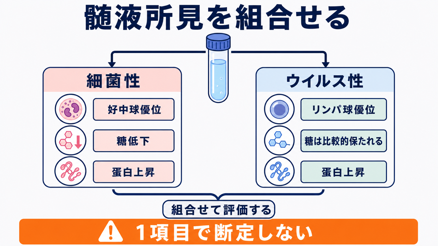 髄膜炎とは？症状・髄液所見・治療の流れと看護で見るポイントをわかりやすく解説：細菌性とウイルス性の違いは「髄液所見を組み合わせて」考えるの図解