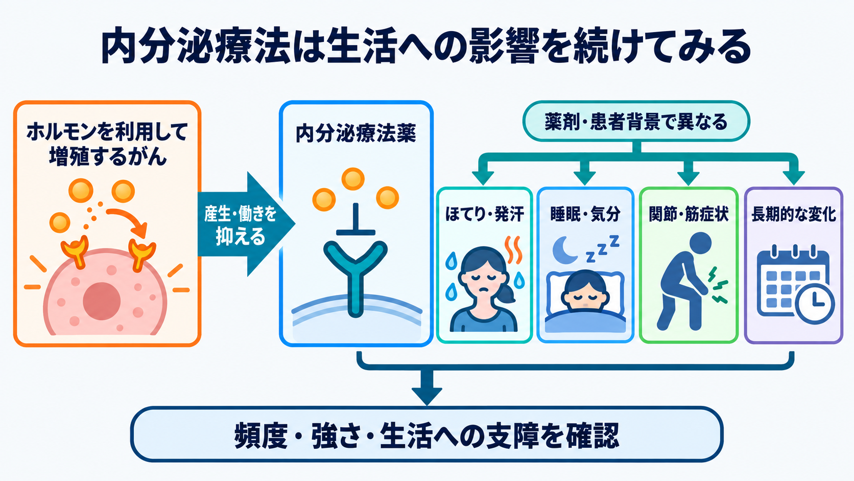 抗がん剤で使われる薬剤の種類と作用―副作用を予測する看護観察の考え方：内分泌療法薬は長く続けることが多く、生活機能と長期影響をみるの図解