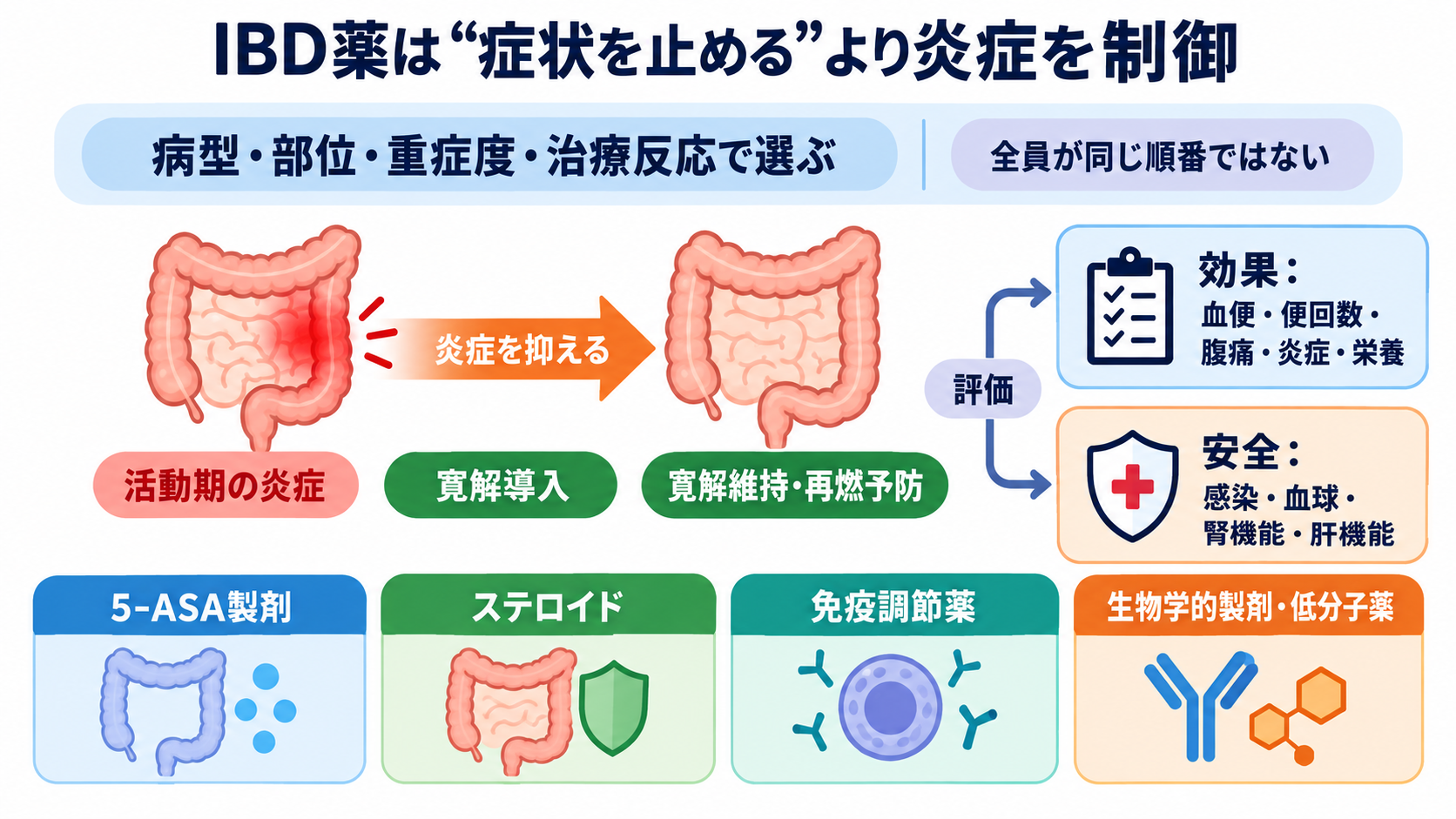 消化器で使われる薬剤の基本：作用の理由、副作用、看護観察を目的別に理解する：炎症性腸疾患の薬は「症状を止める薬」ではなく炎症を制御する薬であるの図解