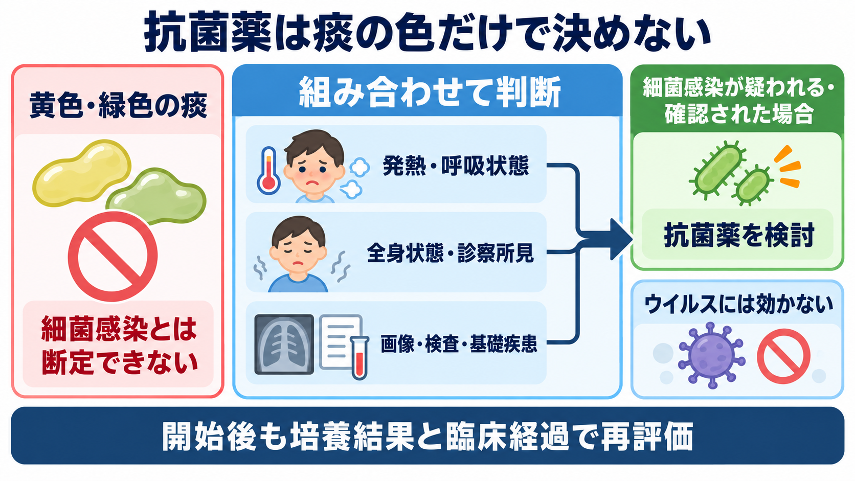 呼吸器で使われる薬剤を整理する：作用・使い分け・看護観察の実践ガイド：抗菌薬：痰の色だけで必要性を決めないの図解