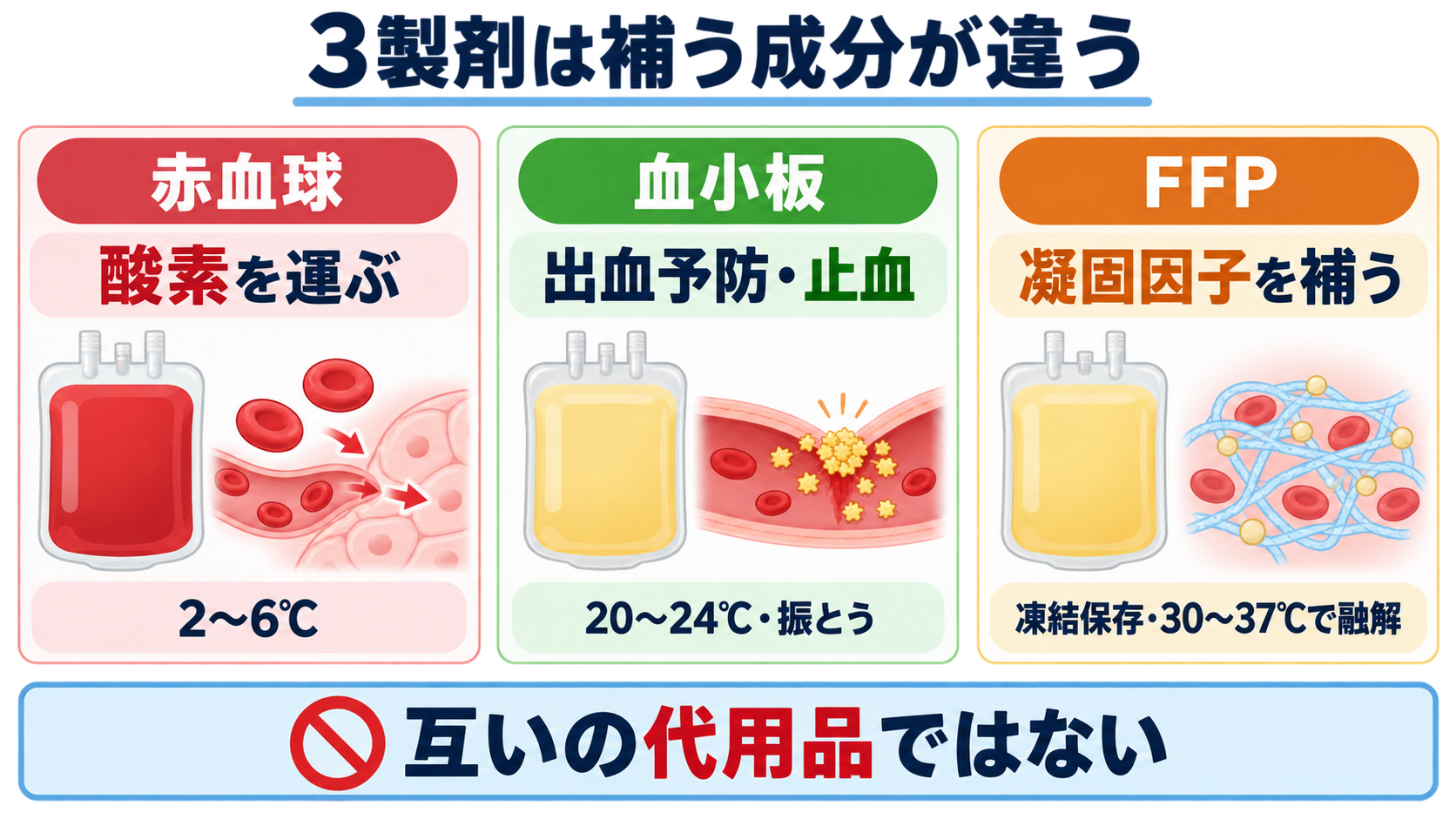 輸血看護の基本｜赤血球・血小板・FFPの違い、滴下速度、観察、副反応時の対応：赤血球・血小板・新鮮凍結血漿は、補う成分と期待する効果が違うの図解