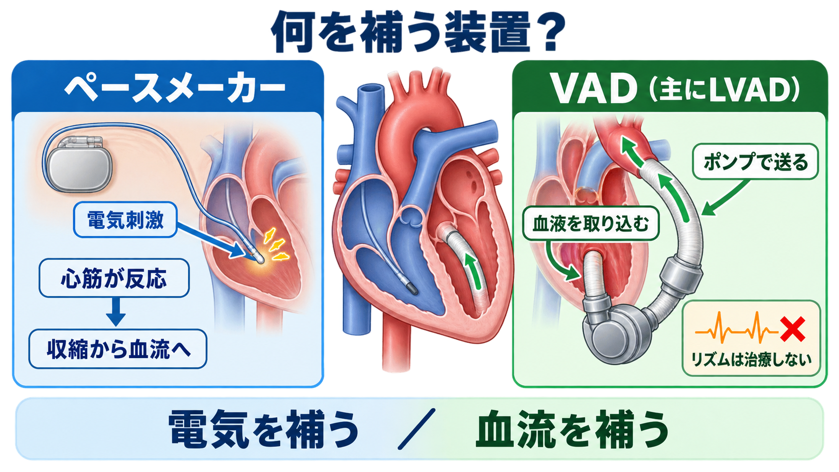 ペースメーカーとVADの違いとは？仕組み・適応・看護観察を循環の視点で整理：最初の結論：ペースメーカーは「電気」、VADは「血流」を補うの図解
