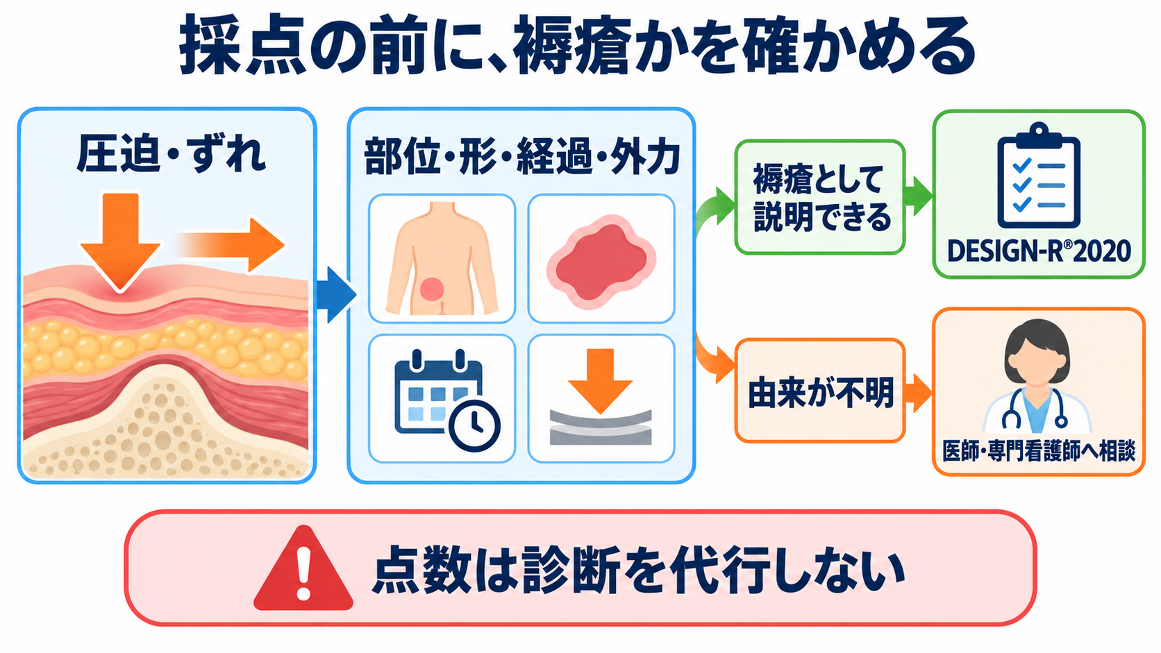 褥瘡の段階はどう伝える？DESIGN-R®2020で皮膚状況を観察・報告する方法：採点の前に「圧迫・ずれによる褥瘡か」を確かめるの図解