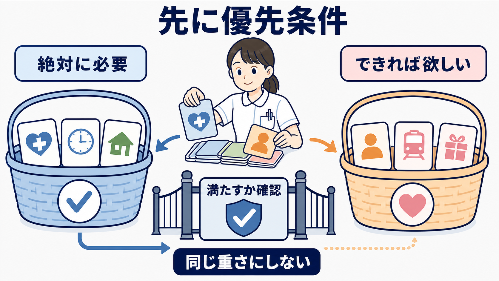 看護師が転職に迷うとき｜転職した場合・残った場合の3年後を比べる方法：比較の前に「絶対に必要な条件」と「できれば欲しい条件」を分けるの図解