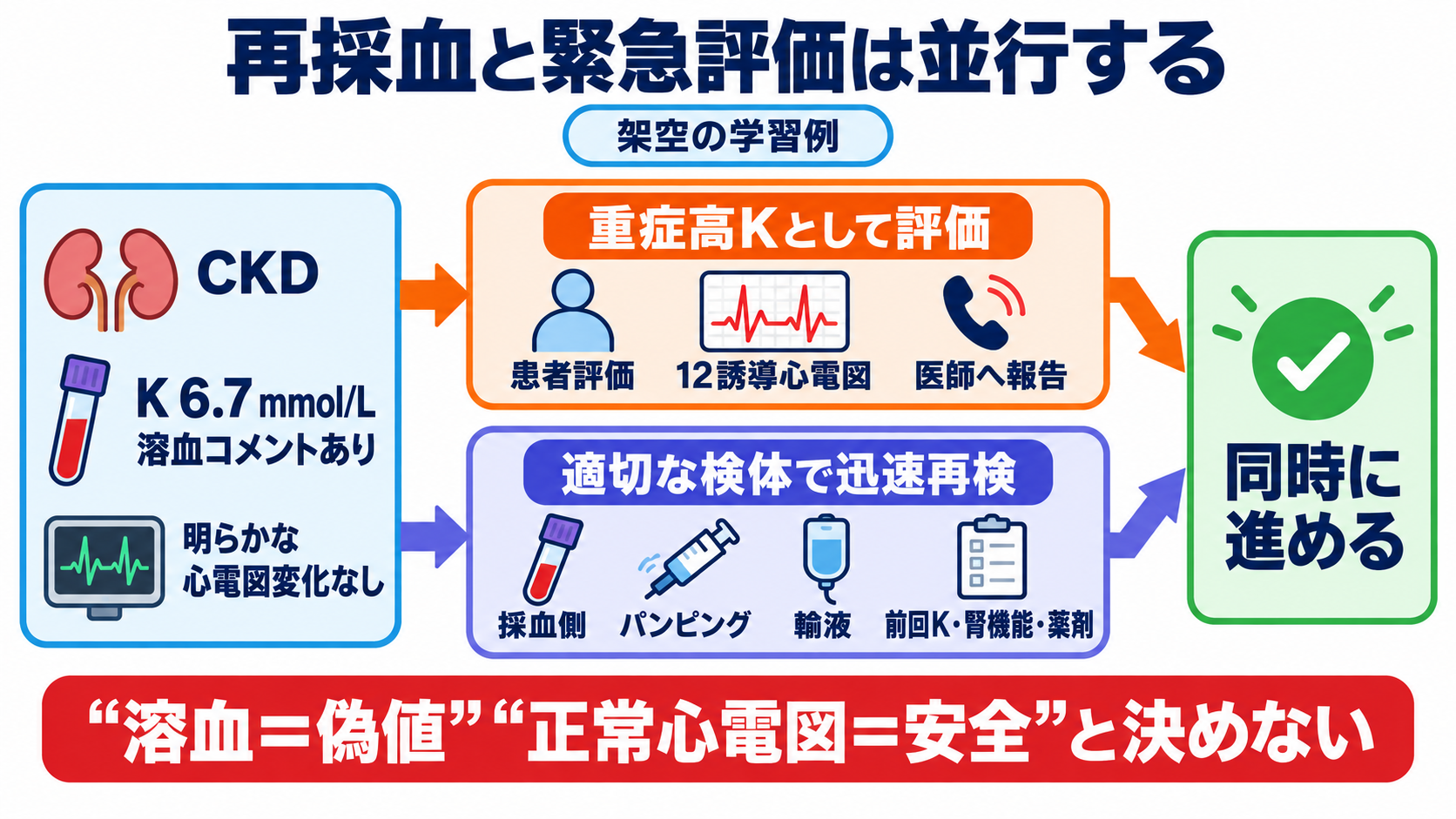 Na・K異常の読み方｜症状・心電図・採血エラーをつないで緊急度を判断する：架空の学習例で「再採血と緊急評価を並行する」考え方を確認するの図解