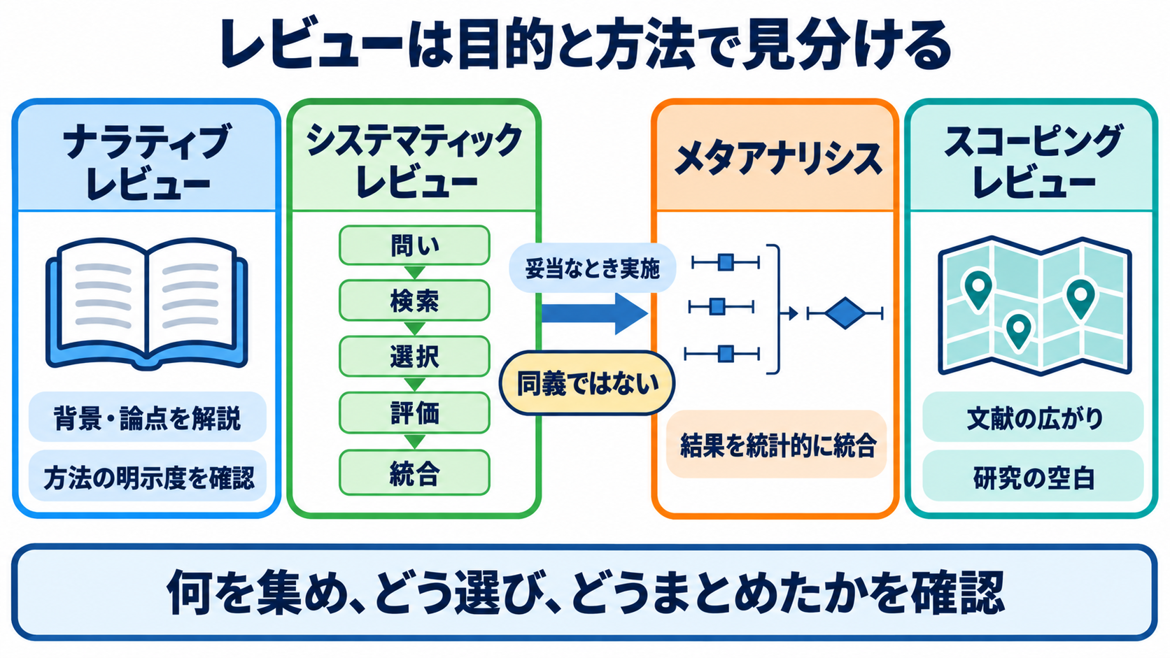 論文の種類がわかる：原著・総説・研究デザインの違いと看護での選び方：レビュー論文は「何を集め、どう選び、どうまとめたか」で見分けるの図解