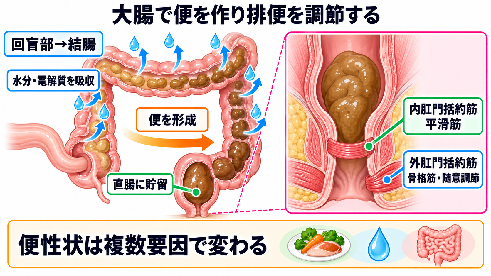 消化器の解剖を流れで理解する｜臓器・腹膜・血流と看護観察の意味：大腸は便を作り、直腸と肛門括約筋が排便を調節するの図解