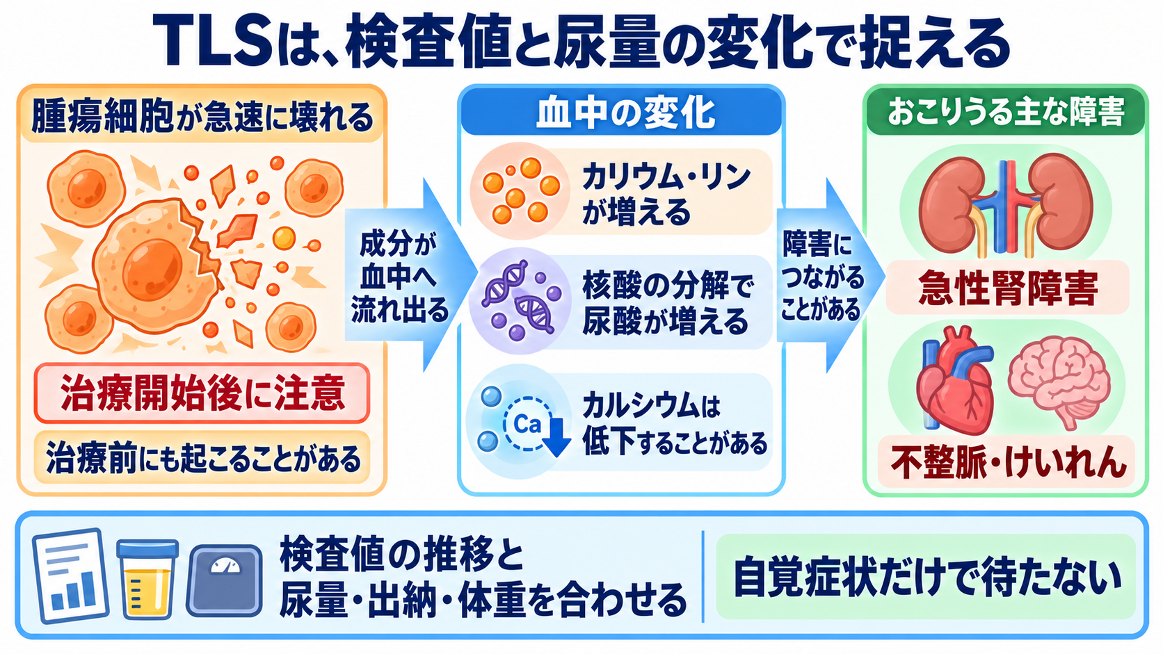 成人の白血病を、病態・検査・治療と看護観察のつながりから理解する：腫瘍崩壊症候群は、症状より先に検査値が変わることがあるの図解