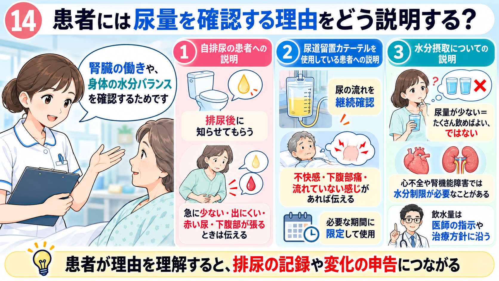 尿量の見かた｜なぜ確認する？正常の目安・尿量が減る原因・看護観察のポイント：患者には尿量を確認する理由をどう説明する？の図解