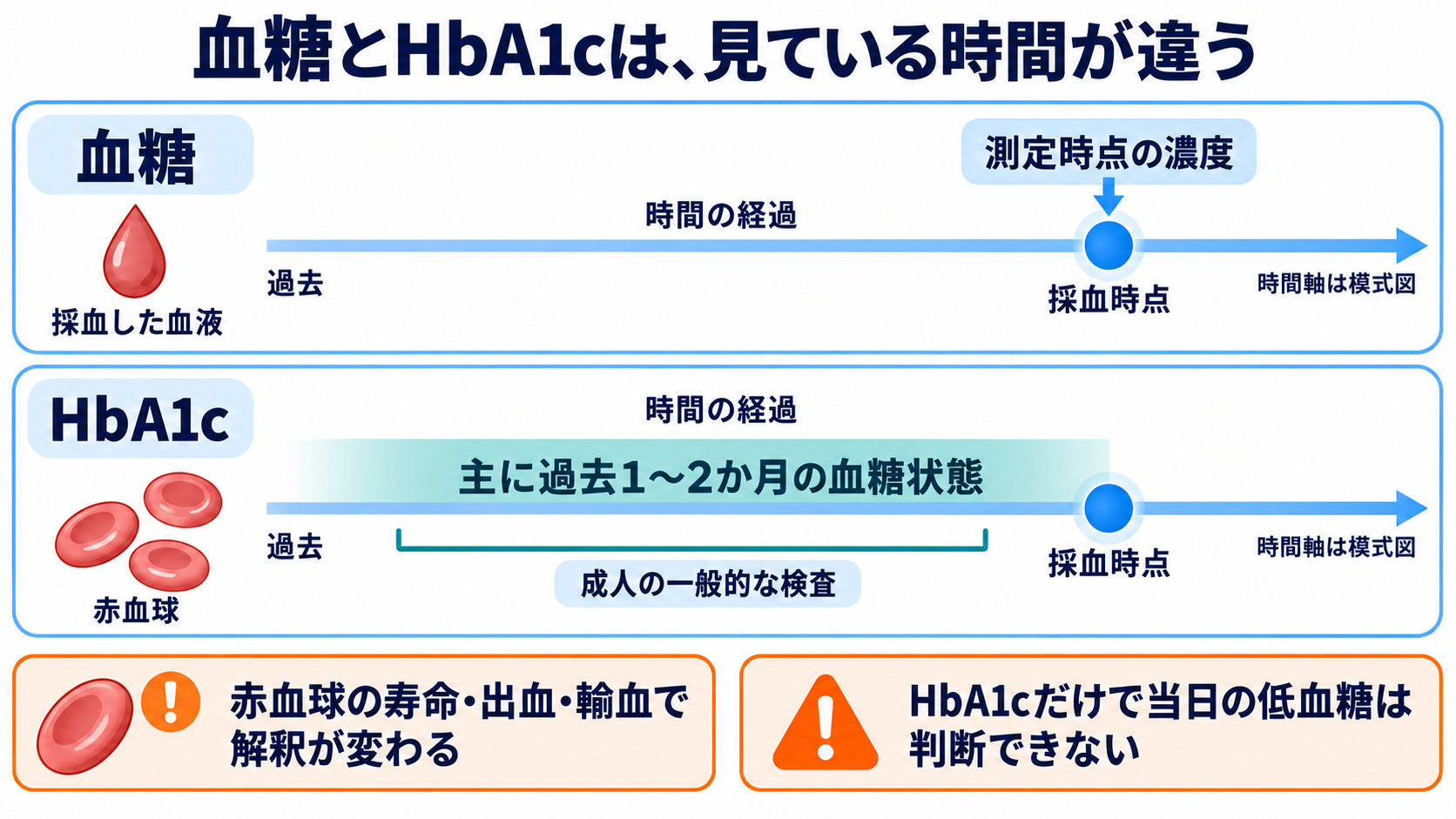 主な生化学検査の一覧から、数値の意味と看護での見方を学ぶ：血糖は測定時点、HbA1cは一定期間の血糖状態を捉えるの図解