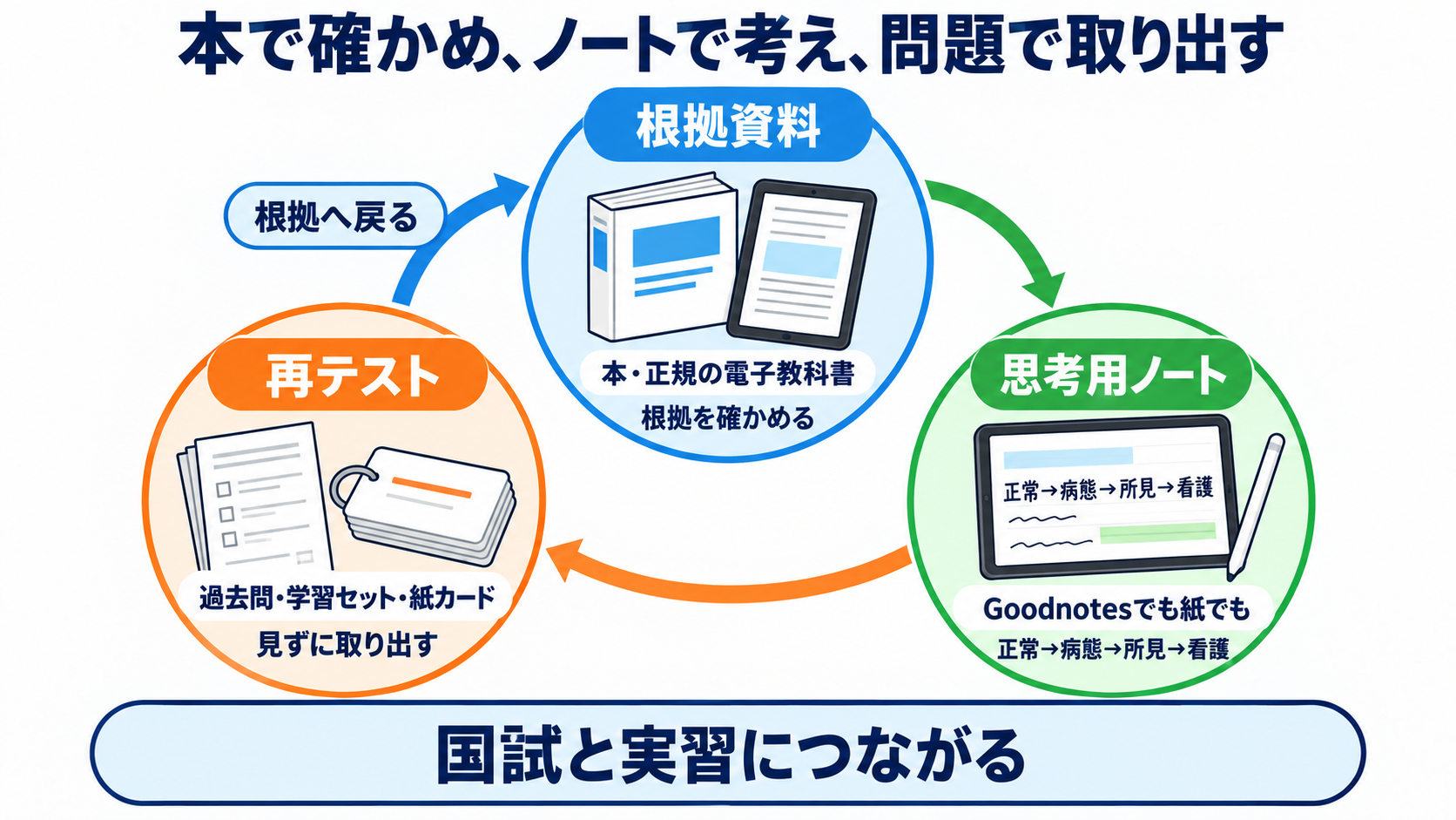 Goodnotes・iPad・本、看護学生は結局どれ？国試と実習につながる使い分け：国試と実習をつなぐ最小構成は、本で確かめ、ノートで考え、問題で取り出すことの図解