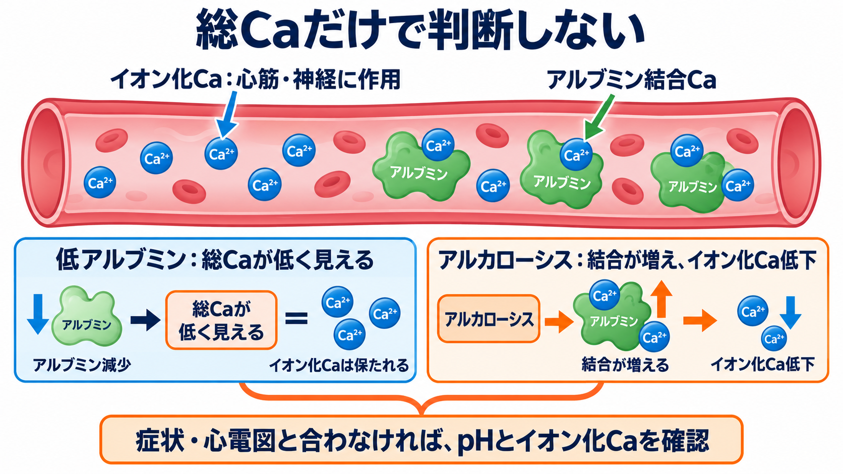 QT延長・QT短縮をどう読む？カルシウム異常、先天性・薬剤性LQTSと看護観察：カルシウム値は総Caだけでなく、アルブミン・pH・イオン化Caで読むの図解