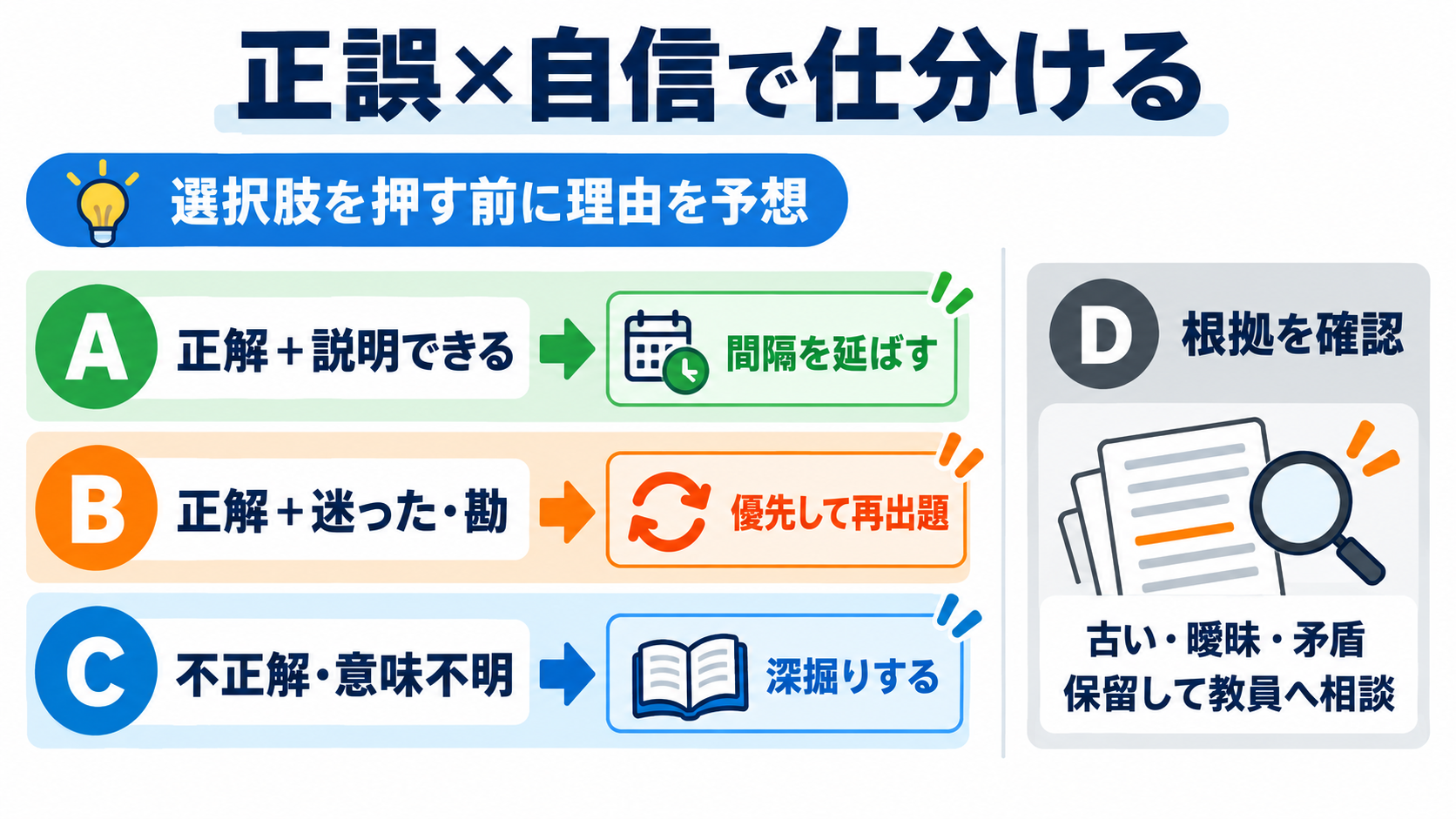 看護師国試の効率的な勉強法｜アプリで広く解き、迷った問題だけ深く学ぶ：1問を「正誤×自信」で仕分けると、復習時間を配分しやすいの図解